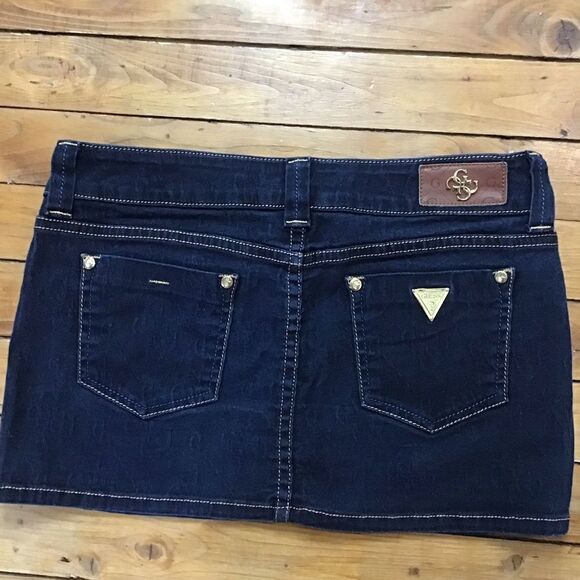 GOLD Premium Guess denim mini skirt dark blue gold sexy low rise in size 28 - Picture 10 of 16